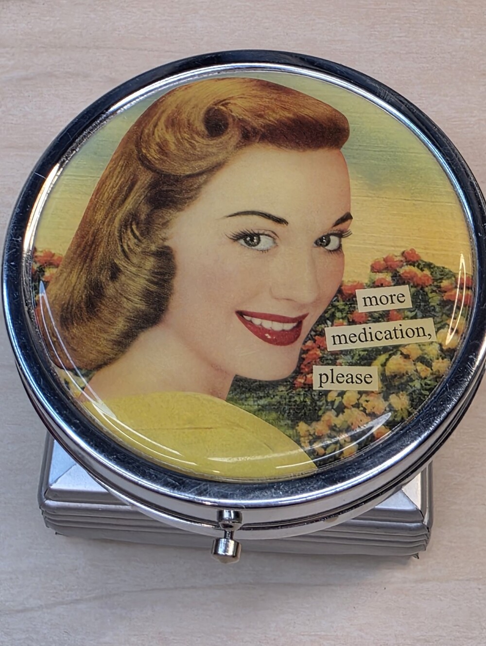 Anne Taintor Vintage Style Weekly Pill Box Case Mirror "More Medication Please"